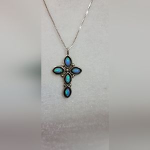 Opal Cross Pendant, Sterling Silver, 24 Inch Chain....925 SS